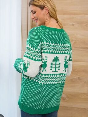 Abollria Green & Cream Reindeer Ugly Christmas Holiday Sweater - Size Large